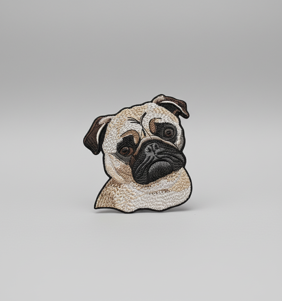 Embroidered pug dog face design on a grid background