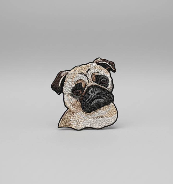 Cute realistic pug embroidery patch featuring a detailed dog face with fawn coat, dark muzzle, and big expressive eyes, stitched with textured thread shading on a light background, original EmbroMania artwork.