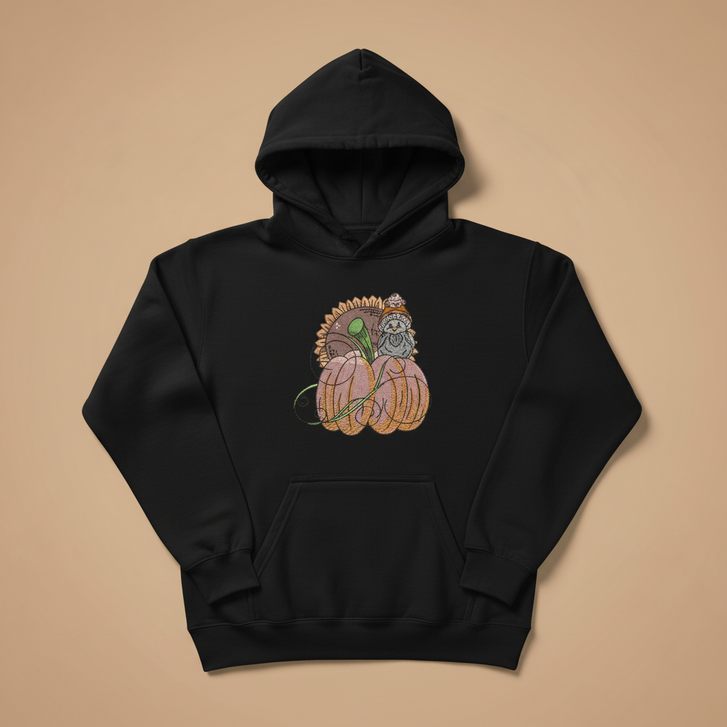 Pumpkin Bird &amp; Sunflower Machine Embroidered Sweatshirt – Hand Finished in Dubai | EmbroMania