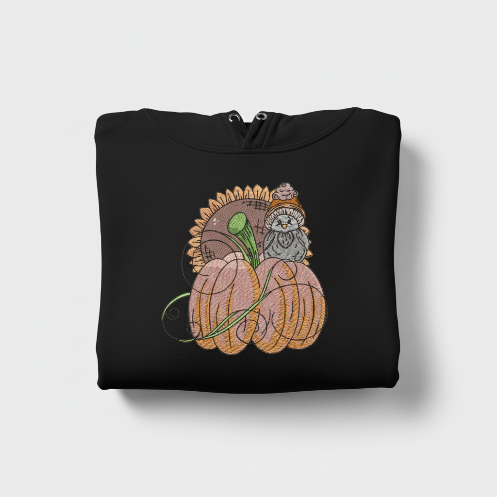 Pumpkin Bird &amp; Sunflower Machine Embroidered Sweatshirt – Hand Finished in Dubai | EmbroMania