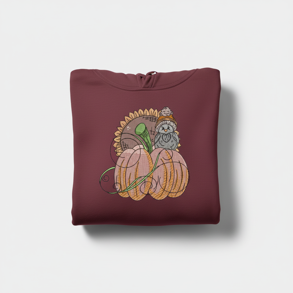 Pumpkin Bird &amp; Sunflower Machine Embroidered Sweatshirt – Hand Finished in Dubai | EmbroMania