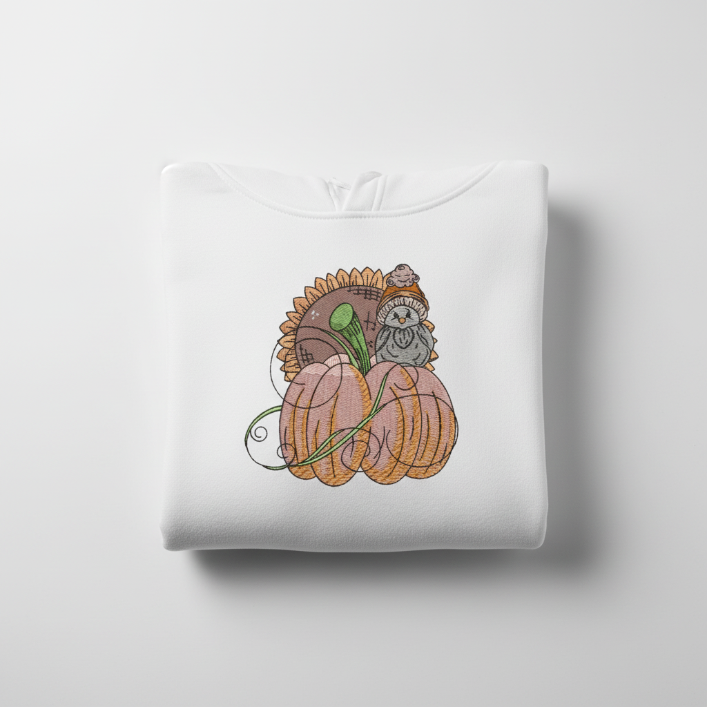 Pumpkin Bird &amp; Sunflower Machine Embroidered Sweatshirt – Hand Finished in Dubai | EmbroMania