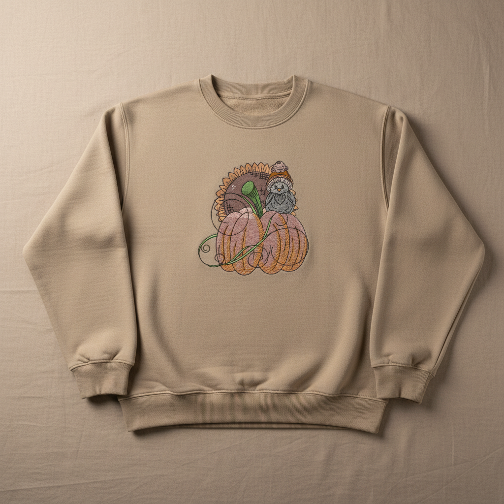 Pumpkin Bird &amp; Sunflower Machine Embroidered Sweatshirt – Hand Finished in Dubai | EmbroMania