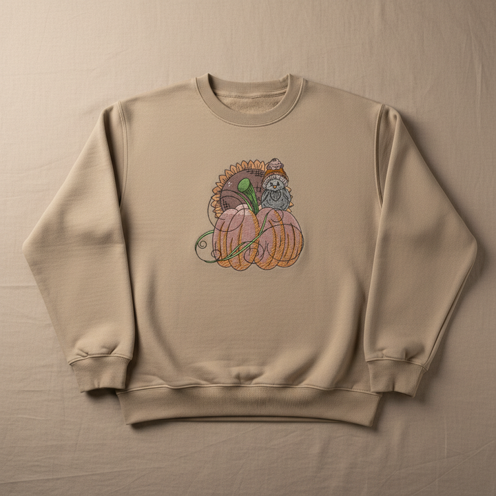 Pumpkin Bird &amp; Sunflower Machine Embroidered Sweatshirt – Hand Finished in Dubai | EmbroMania