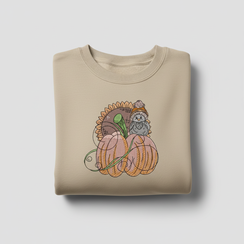 Pumpkin Bird &amp; Sunflower Machine Embroidered Sweatshirt – Hand Finished in Dubai | EmbroMania