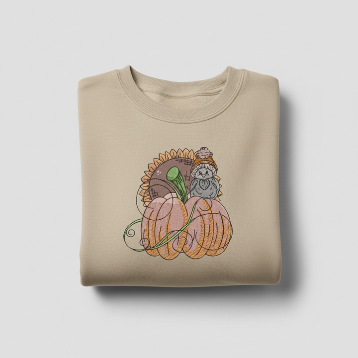 Pumpkin Bird &amp; Sunflower Machine Embroidered Sweatshirt – Hand Finished in Dubai | EmbroMania