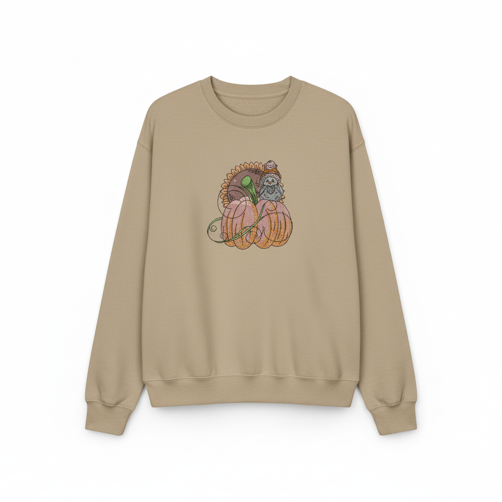 Pumpkin Bird &amp; Sunflower Machine Embroidered Sweatshirt – Hand Finished in Dubai | EmbroMania