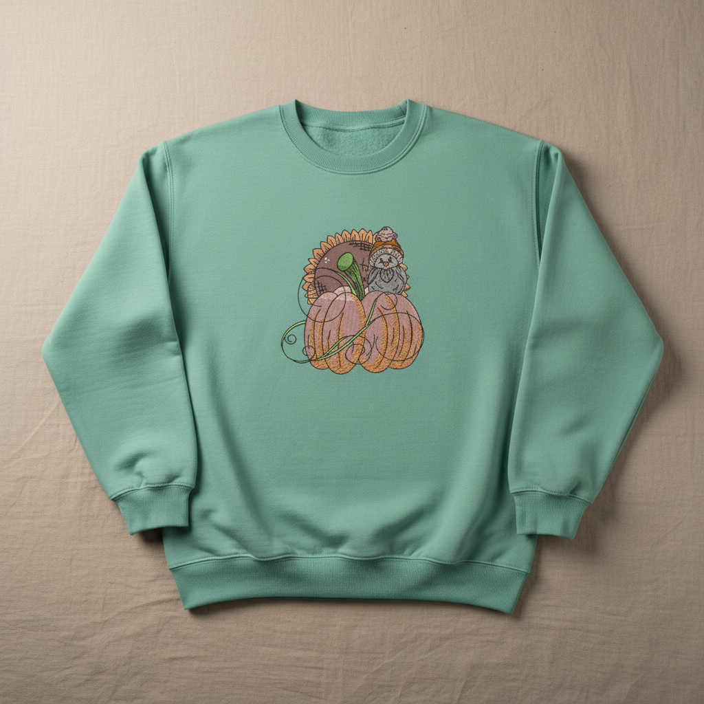Pumpkin Bird &amp; Sunflower Machine Embroidered Sweatshirt – Hand Finished in Dubai | EmbroMania