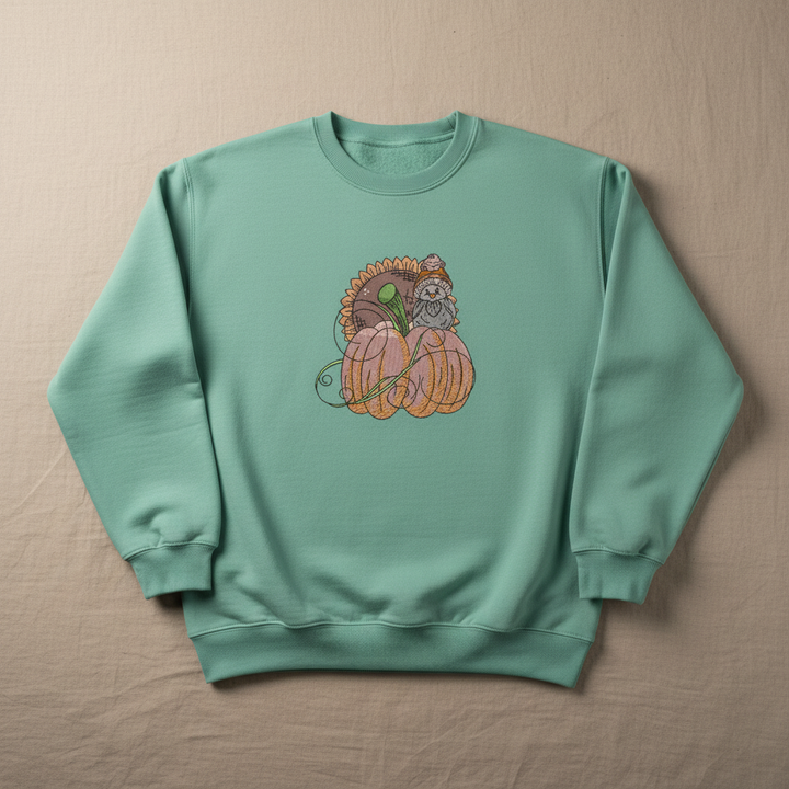 Pumpkin Bird &amp; Sunflower Machine Embroidered Sweatshirt – Hand Finished in Dubai | EmbroMania