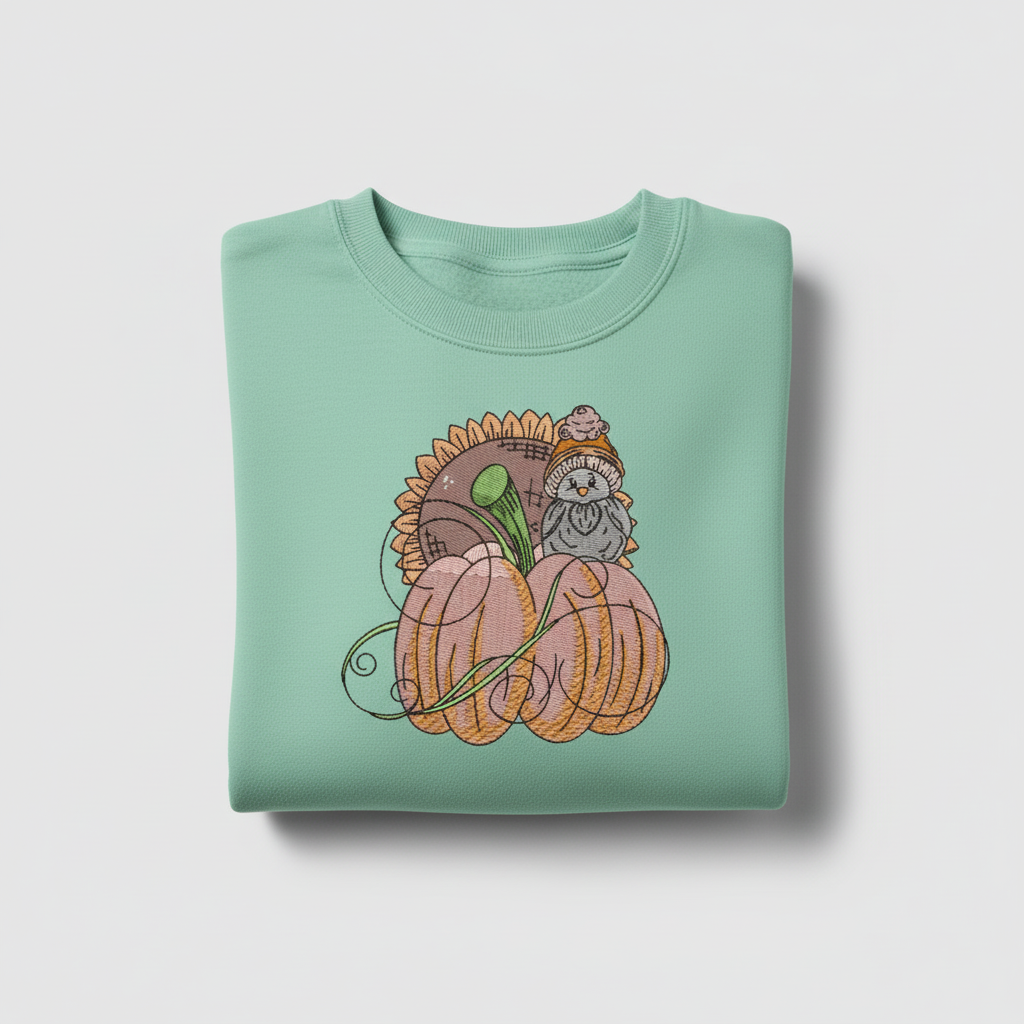 Pumpkin Bird &amp; Sunflower Machine Embroidered Sweatshirt – Hand Finished in Dubai | EmbroMania