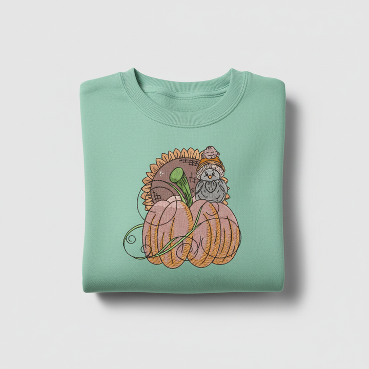 Pumpkin Bird &amp; Sunflower Machine Embroidered Sweatshirt – Hand Finished in Dubai | EmbroMania