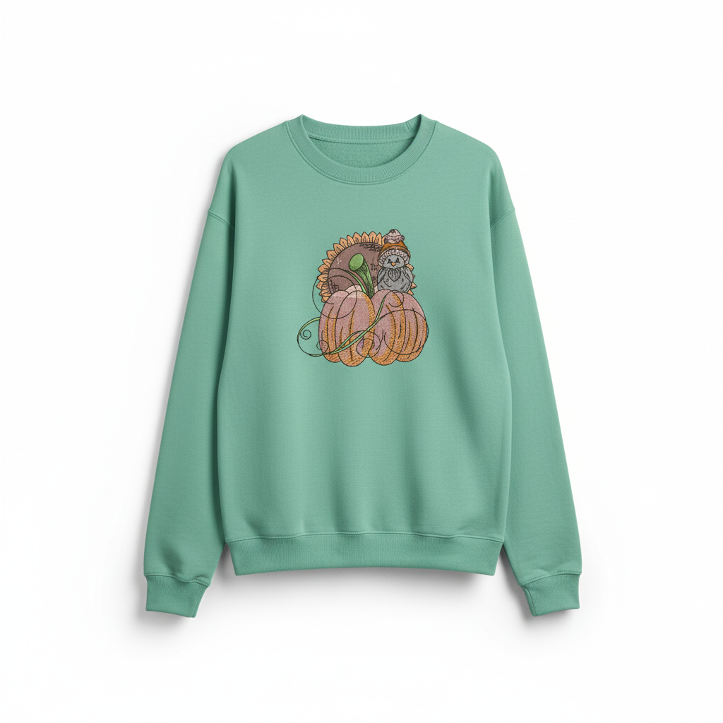 Pumpkin Bird &amp; Sunflower Machine Embroidered Sweatshirt – Hand Finished in Dubai | EmbroMania