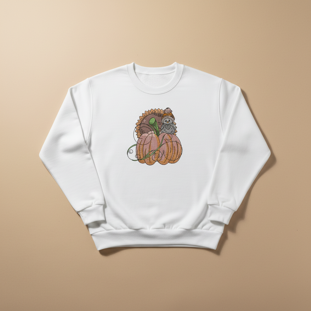 Pumpkin Bird &amp; Sunflower Machine Embroidered Sweatshirt – Hand Finished in Dubai | EmbroMania
