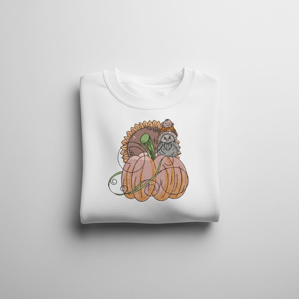 Pumpkin Bird &amp; Sunflower Machine Embroidered Sweatshirt – Hand Finished in Dubai | EmbroMania