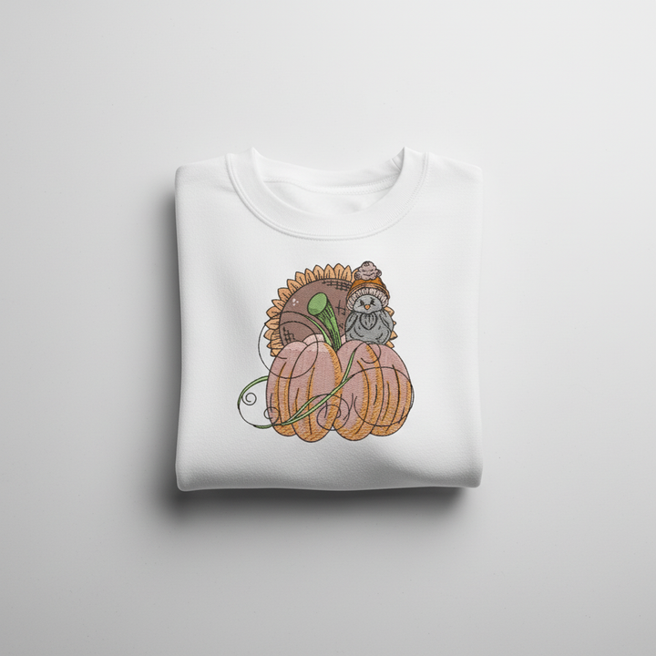 Pumpkin Bird &amp; Sunflower Machine Embroidered Sweatshirt – Hand Finished in Dubai | EmbroMania