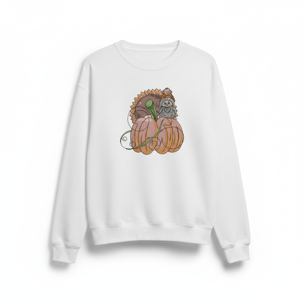 Pumpkin Bird &amp; Sunflower Machine Embroidered Sweatshirt – Hand Finished in Dubai | EmbroMania