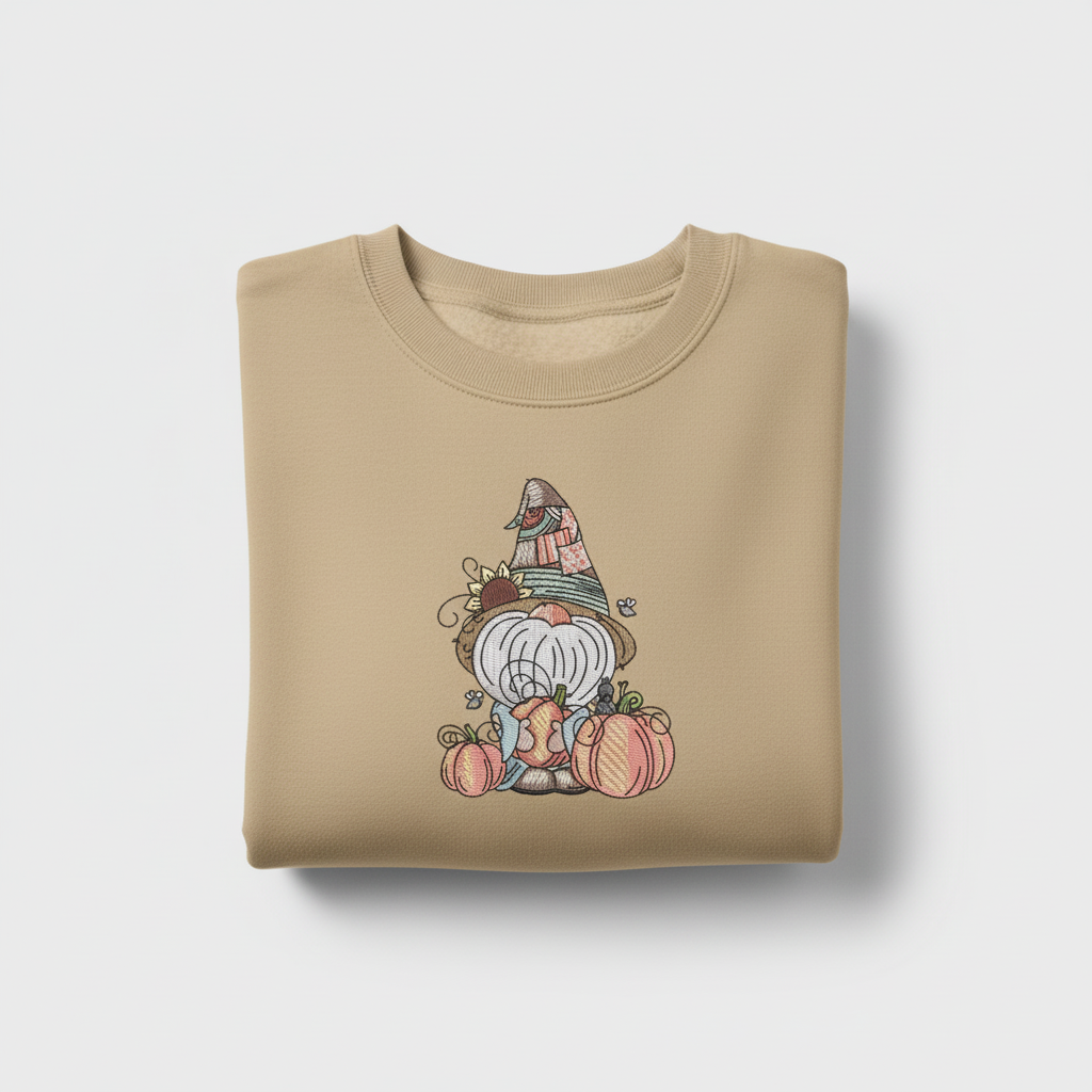 Pumpkin Patch Gnome Machine Embroidered Sweatshirt – Hand Finished in Dubai | EmbroMania