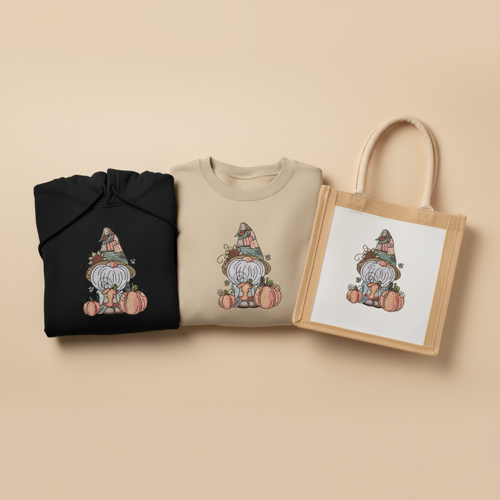 Pumpkin Patch Gnome Machine Embroidered Sweatshirt – Hand Finished in Dubai | EmbroMania
