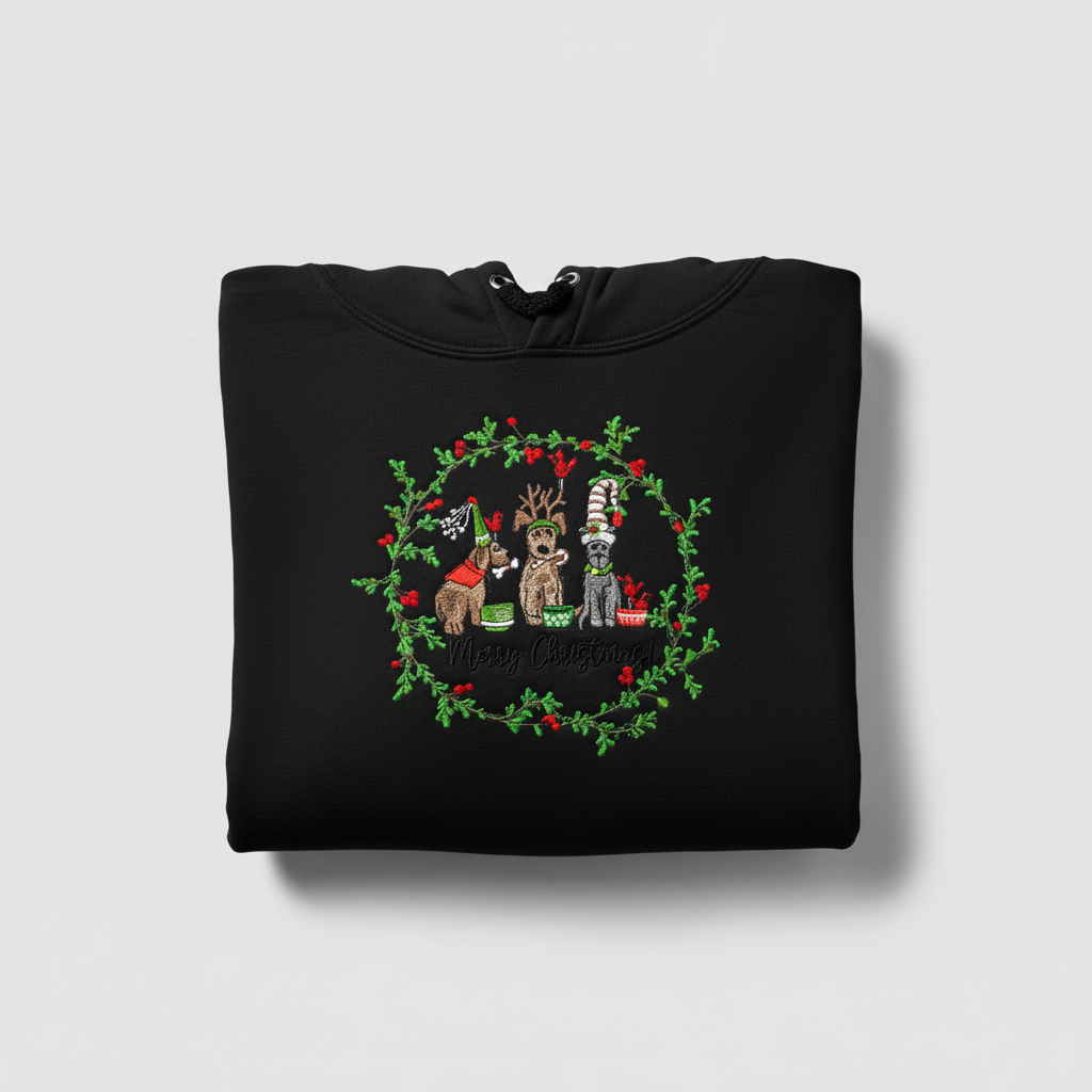 Puppy Parade Merry Christmas Machine Embroidered Sweatshirt – Hand Finished in Dubai | EmbroMania