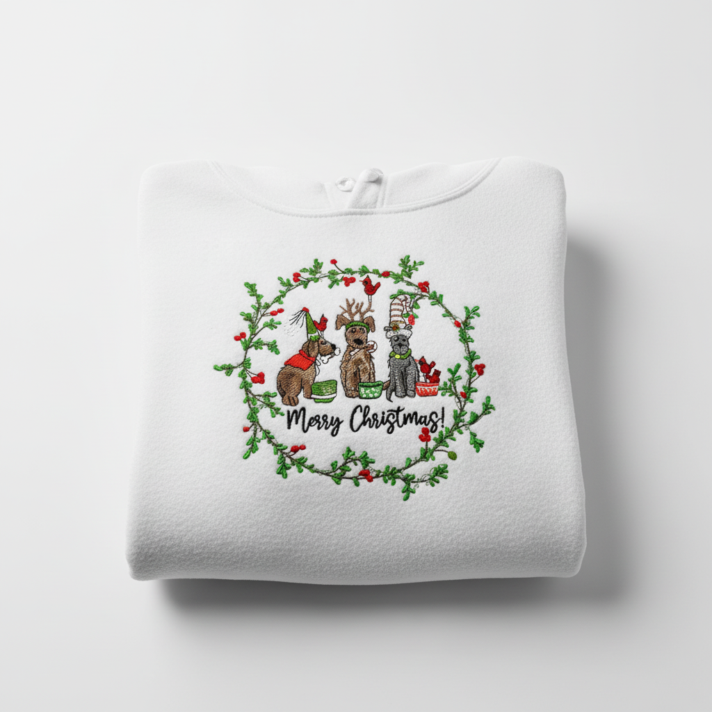 Puppy Parade Merry Christmas Machine Embroidered Sweatshirt – Hand Finished in Dubai | EmbroMania