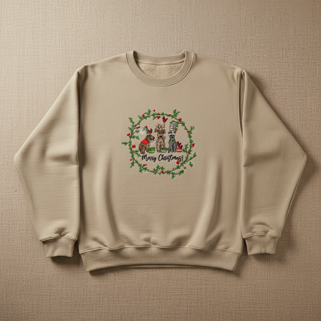 Puppy Parade Merry Christmas Machine Embroidered Sweatshirt – Hand Finished in Dubai | EmbroMania