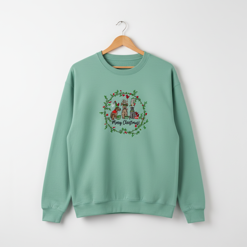 Puppy Parade Merry Christmas Machine Embroidered Sweatshirt – Hand Finished in Dubai | EmbroMania