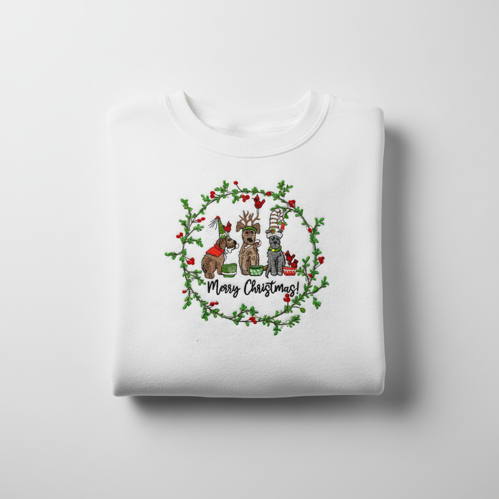 Puppy Parade Merry Christmas Machine Embroidered Sweatshirt – Hand Finished in Dubai | EmbroMania