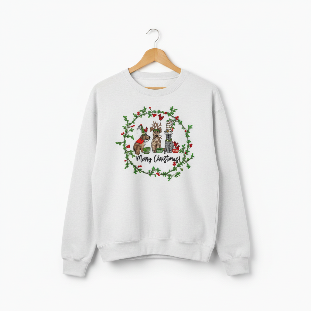 Puppy Parade Merry Christmas Machine Embroidered Sweatshirt – Hand Finished in Dubai | EmbroMania