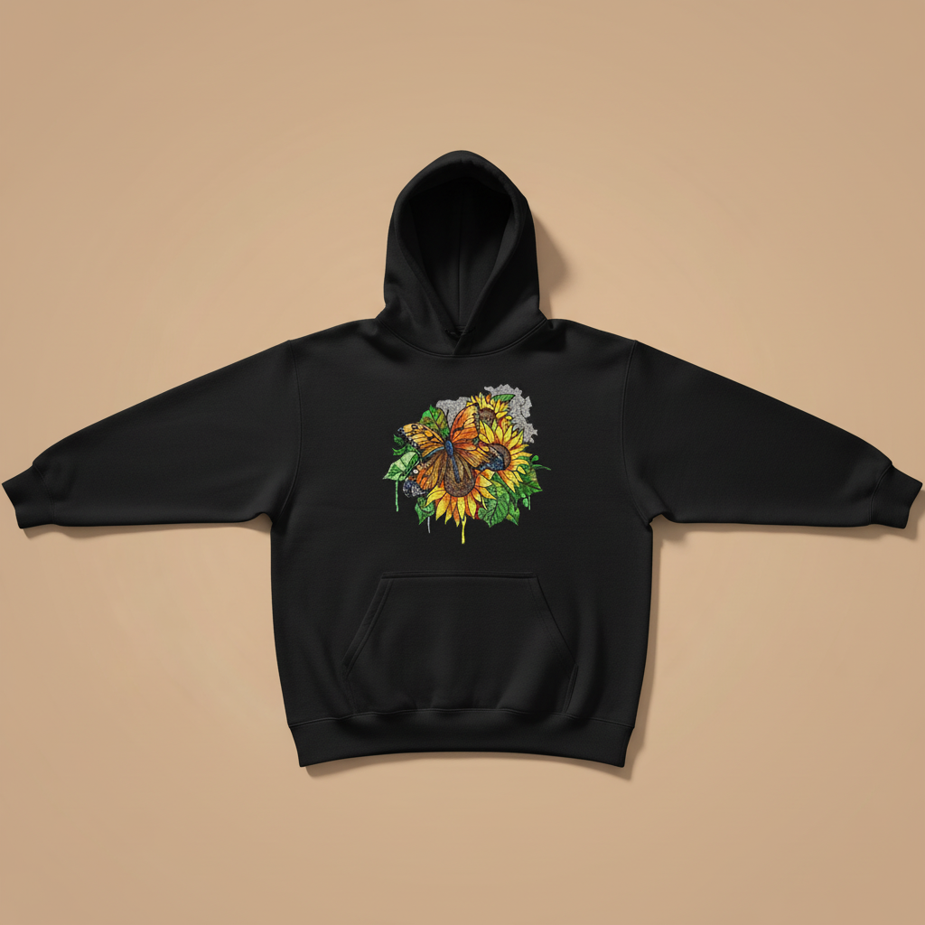 Radiant Sunflower Butterfly Machine Embroidered Hoodie – Hand Finished in Dubai | EmbroMania