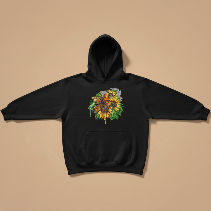 Radiant Sunflower Butterfly Machine Embroidered Hoodie – Hand Finished in Dubai | EmbroMania