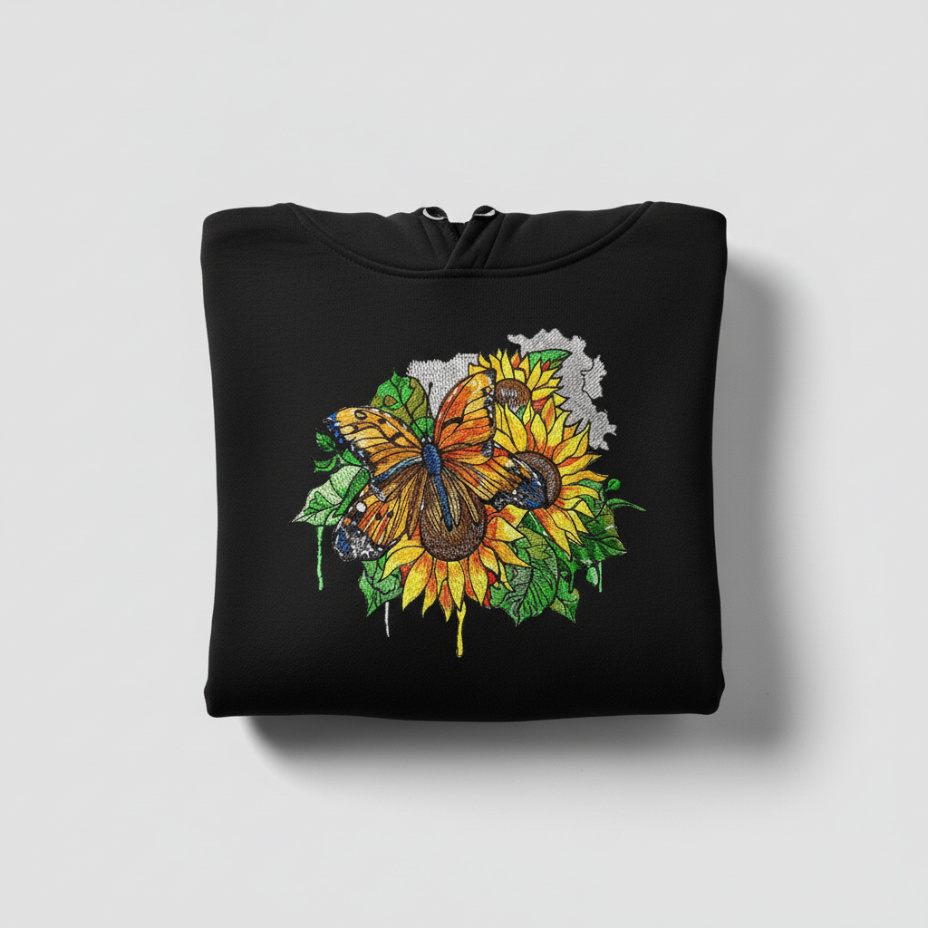 Radiant Sunflower Butterfly Machine Embroidered Hoodie – Hand Finished in Dubai | EmbroMania