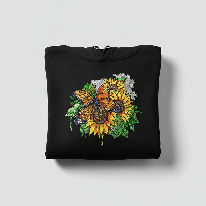Radiant Sunflower Butterfly Machine Embroidered Hoodie – Hand Finished in Dubai | EmbroMania