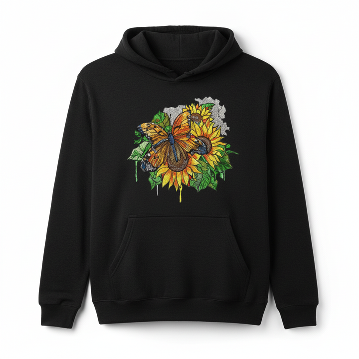 Radiant Sunflower Butterfly Machine Embroidered Hoodie – Hand Finished in Dubai | EmbroMania