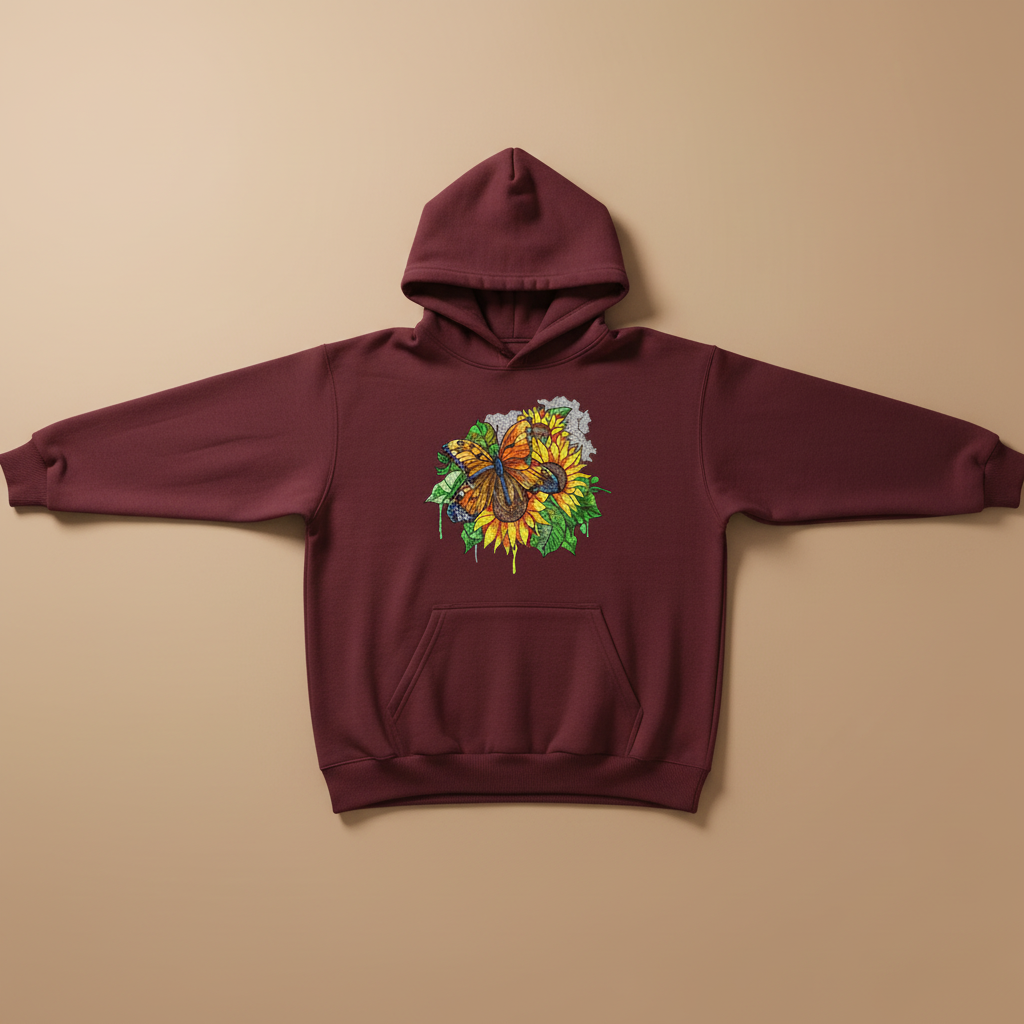 Radiant Sunflower Butterfly Machine Embroidered Hoodie – Hand Finished in Dubai | EmbroMania