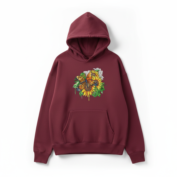 Radiant Sunflower Butterfly Machine Embroidered Hoodie – Hand Finished in Dubai | EmbroMania