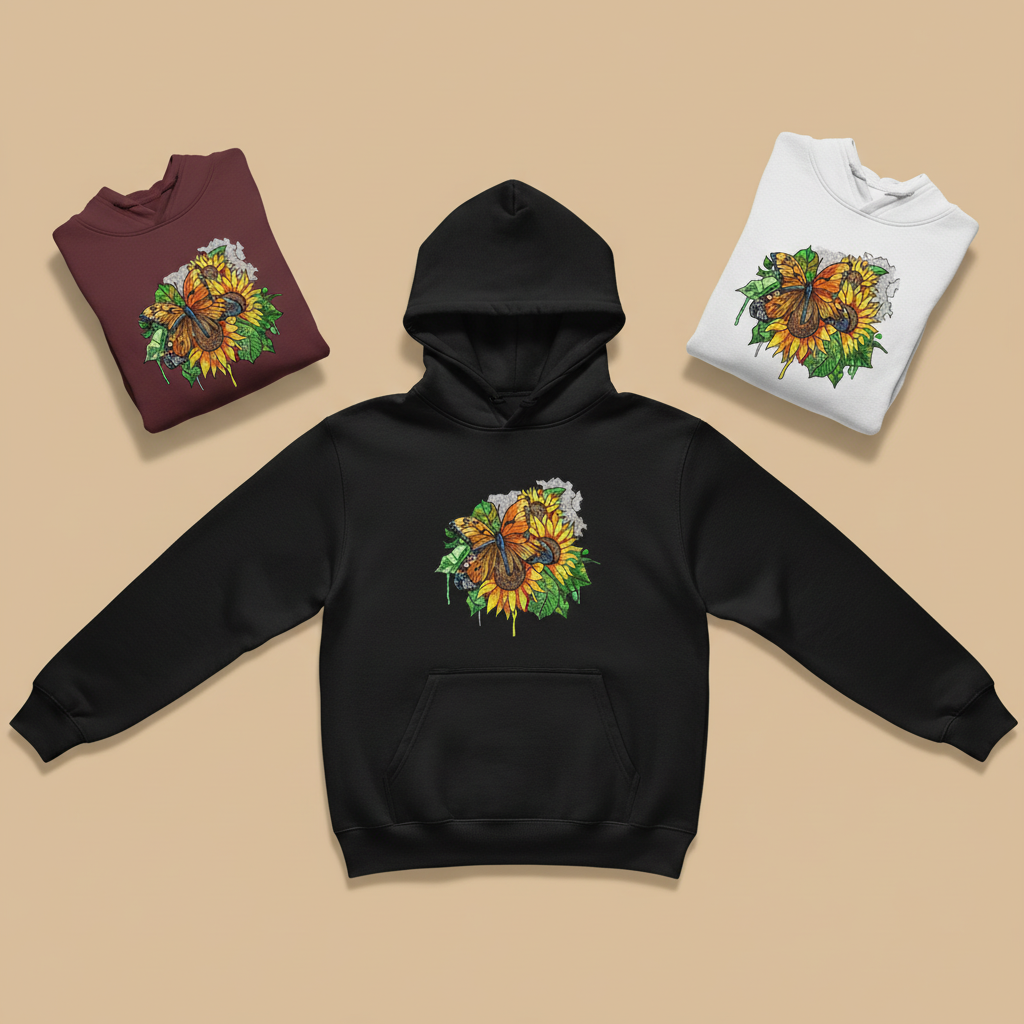 Radiant Sunflower Butterfly Machine Embroidered Hoodie – Hand Finished in Dubai | EmbroMania