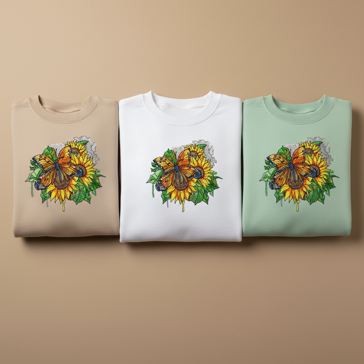 Sunflower Butterfly Machine Embroidered Sweatshirt – Hand Finished in Dubai | EmbroMania