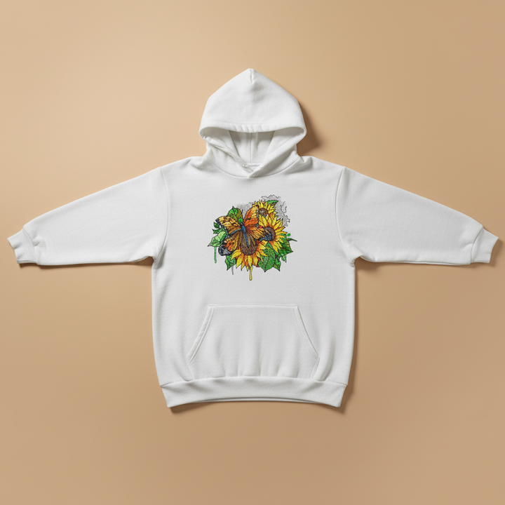 Radiant Sunflower Butterfly Machine Embroidered Hoodie – Hand Finished in Dubai | EmbroMania