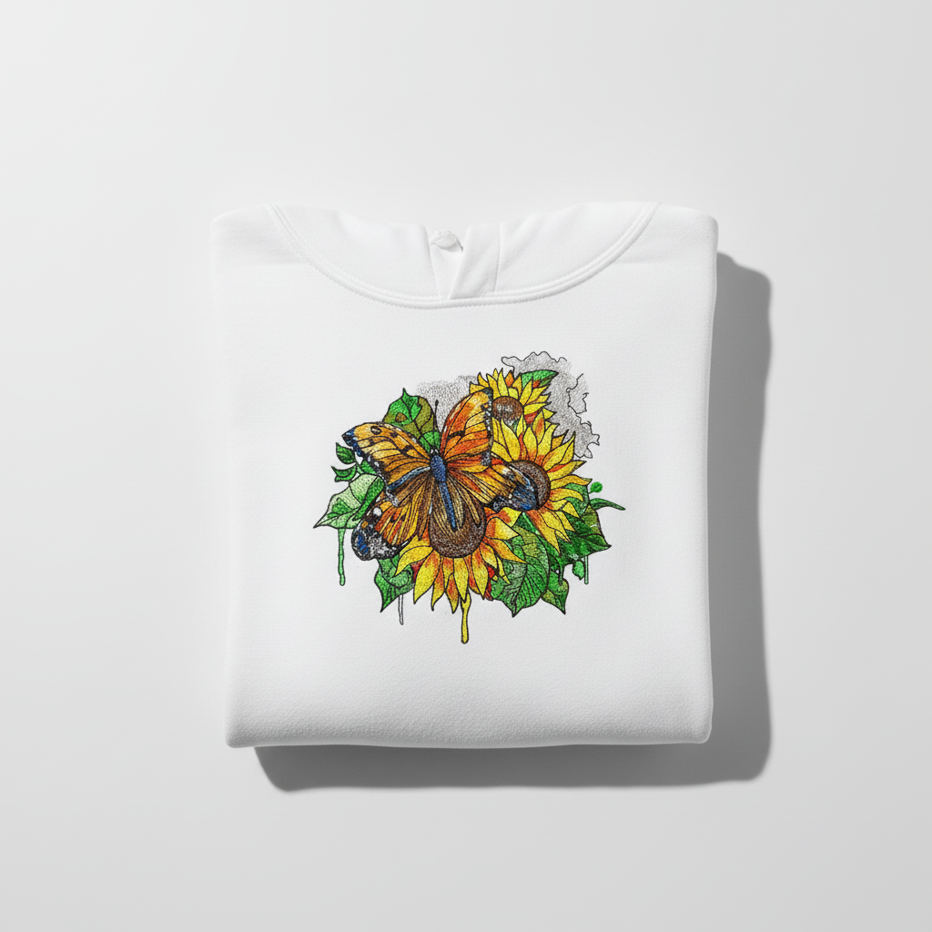 Radiant Sunflower Butterfly Machine Embroidered Hoodie – Hand Finished in Dubai | EmbroMania