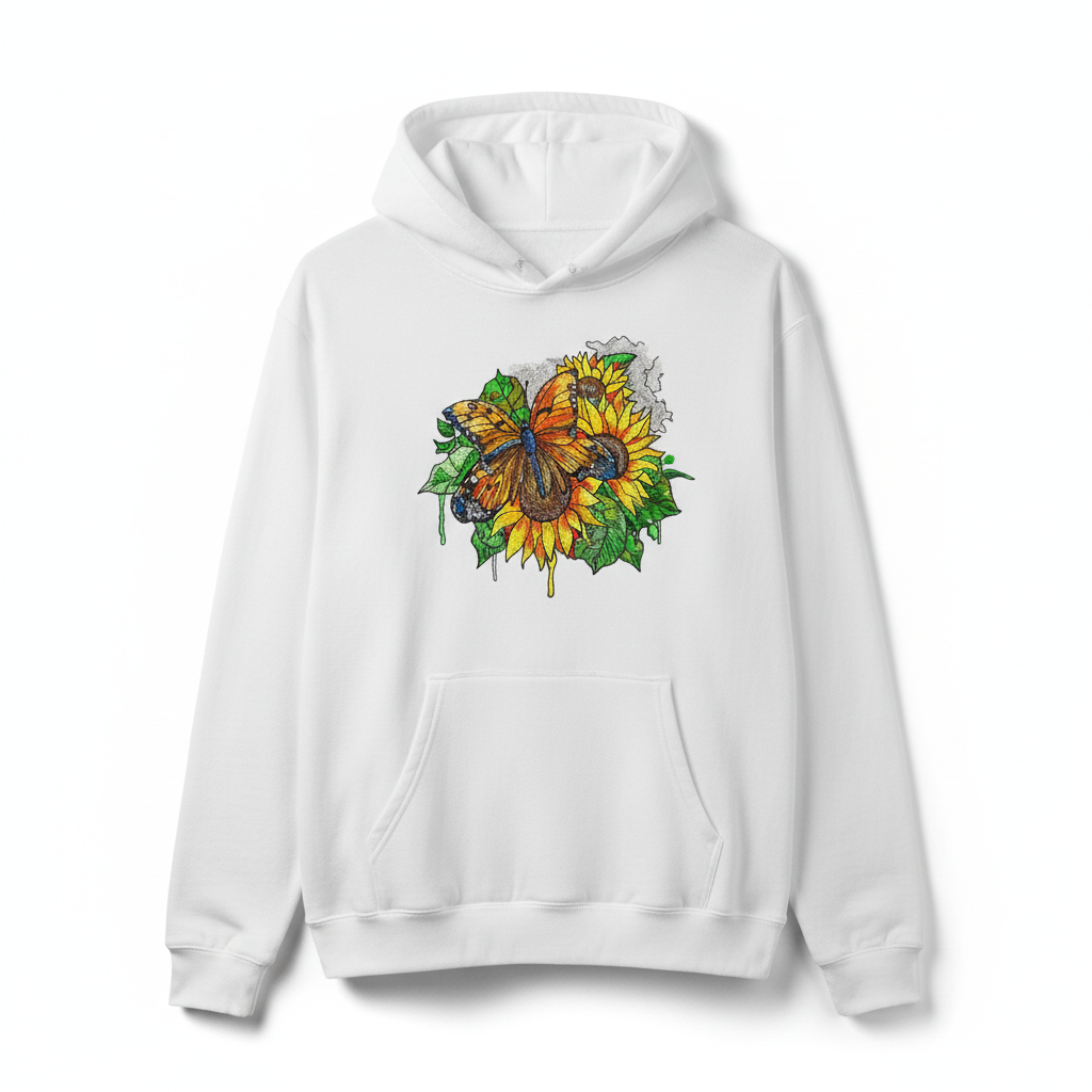 Radiant Sunflower Butterfly Machine Embroidered Hoodie – Hand Finished in Dubai | EmbroMania