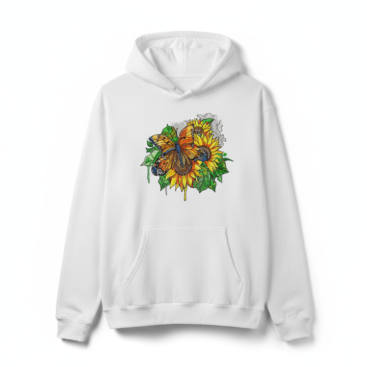 Radiant Sunflower Butterfly Machine Embroidered Hoodie – Hand Finished in Dubai | EmbroMania