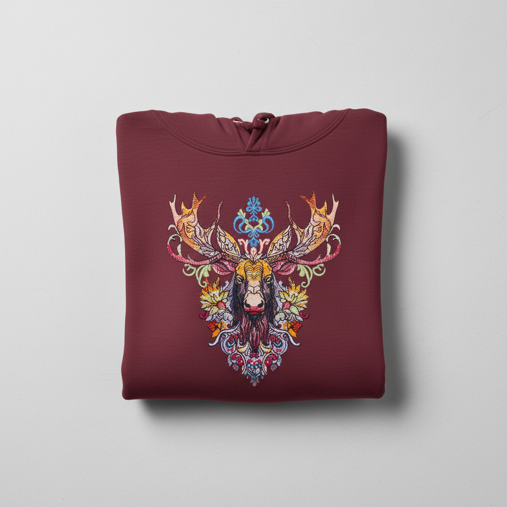 Radiant Moose Machine Embroidered Hoodie – Hand Finished in Dubai | EmbroMania