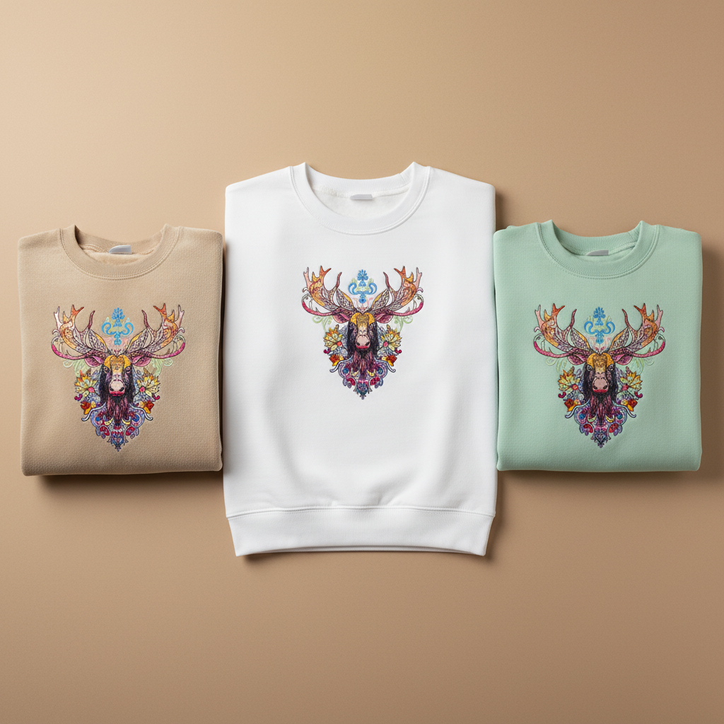 Radiant Tribal Moose Machine Embroidered Sweatshirt – Hand Finished in Dubai | EmbroMania