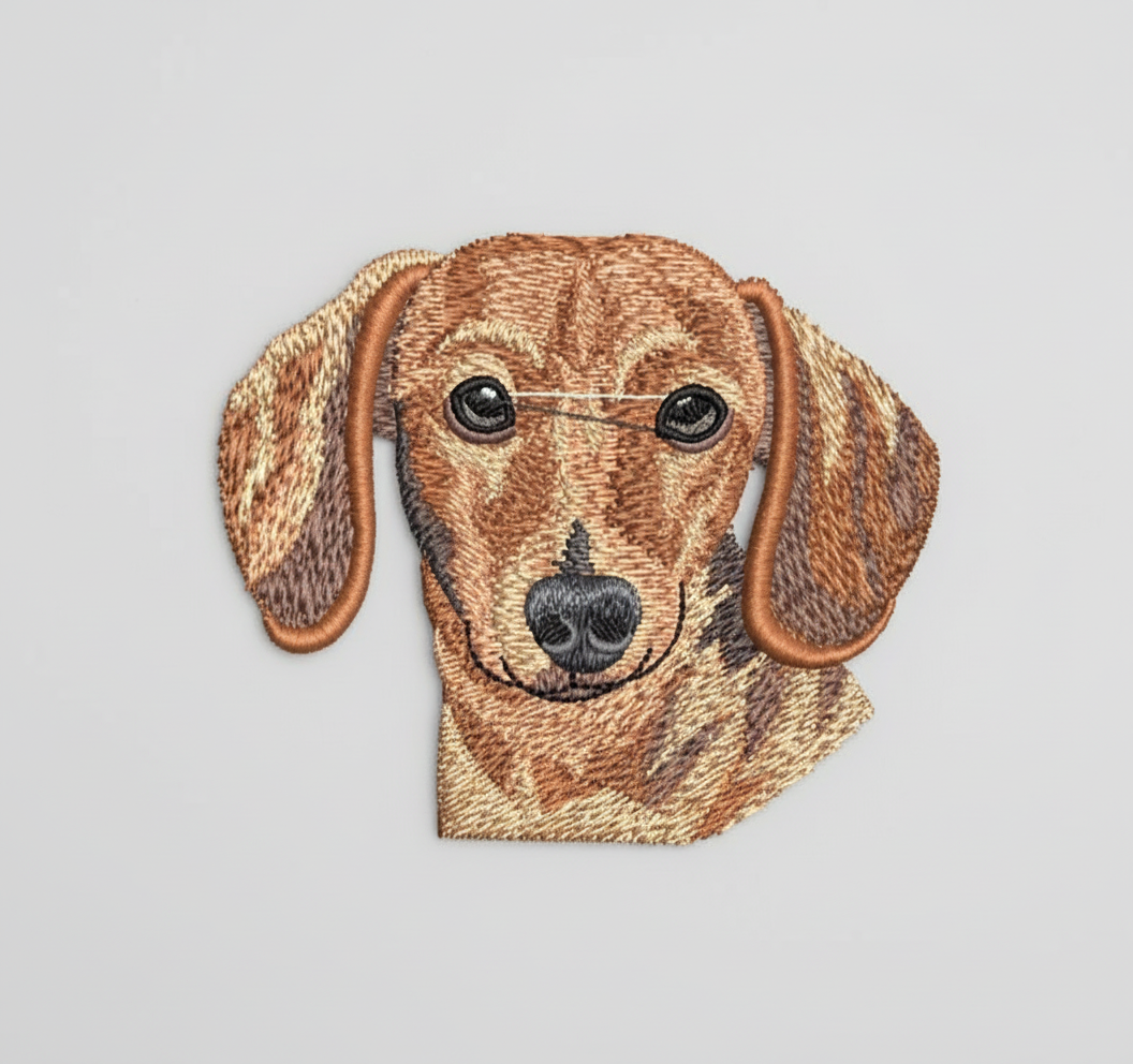Embroidered dachshund design on a grid background