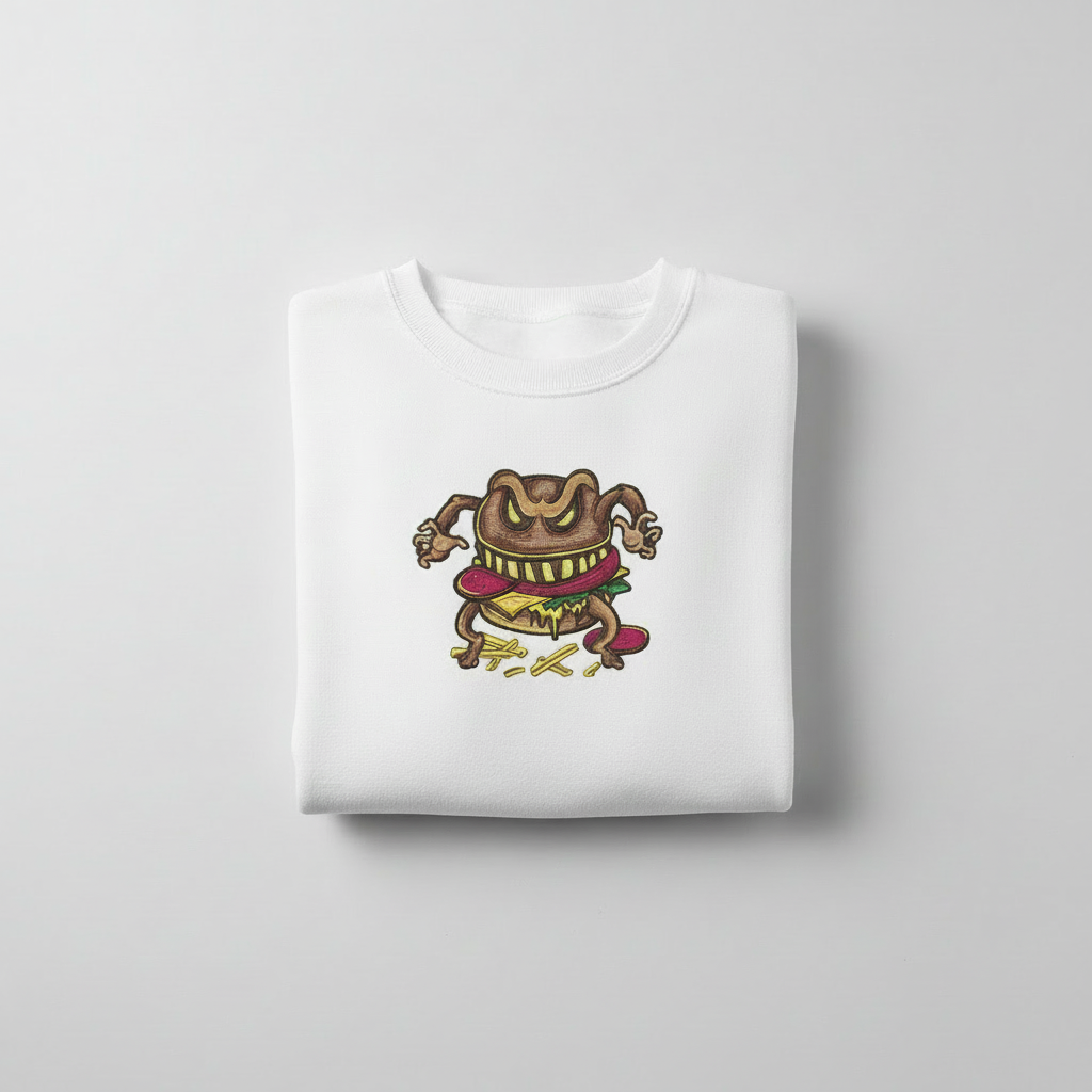 Cursed Burger Machine Embroidered Sweatshirt – Hand Finished in Dubai | EmbroMania