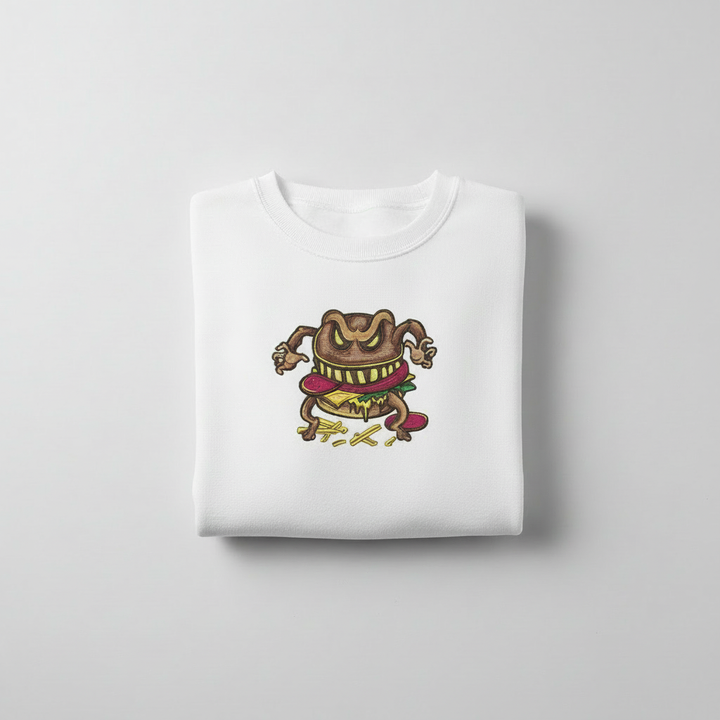 Cursed Burger Machine Embroidered Sweatshirt – Hand Finished in Dubai | EmbroMania