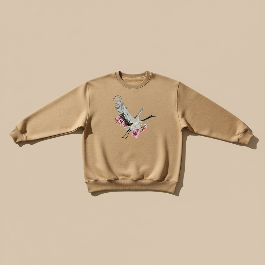 Sakura Crane Machine Embroidered Sweatshirt – Hand Finished in Dubai | EmbroMania