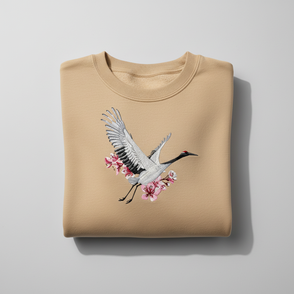 Sakura Crane Machine Embroidered Sweatshirt – Hand Finished in Dubai | EmbroMania
