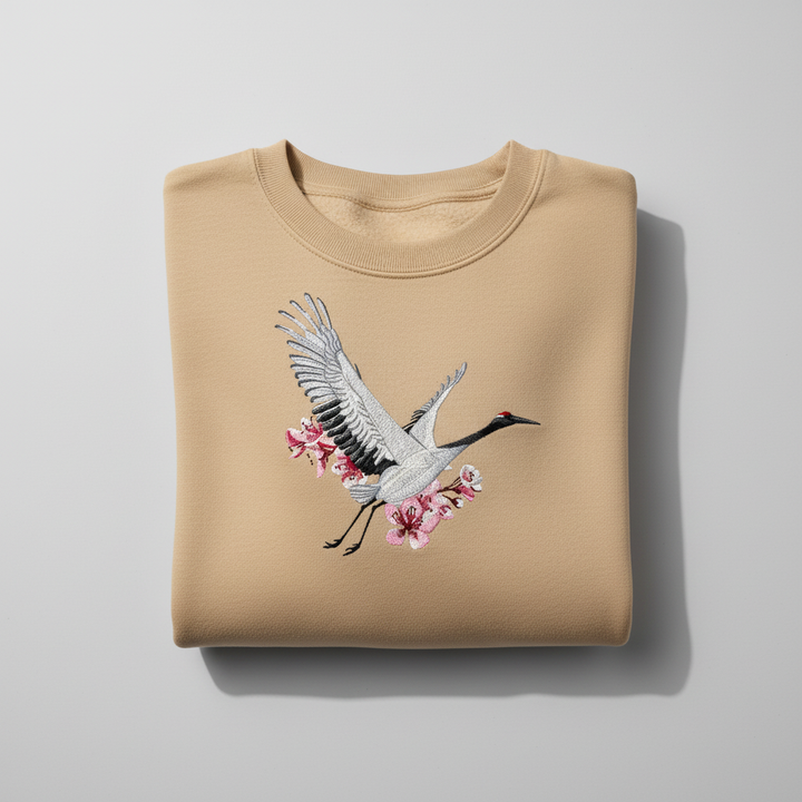 Sakura Crane Machine Embroidered Sweatshirt – Hand Finished in Dubai | EmbroMania