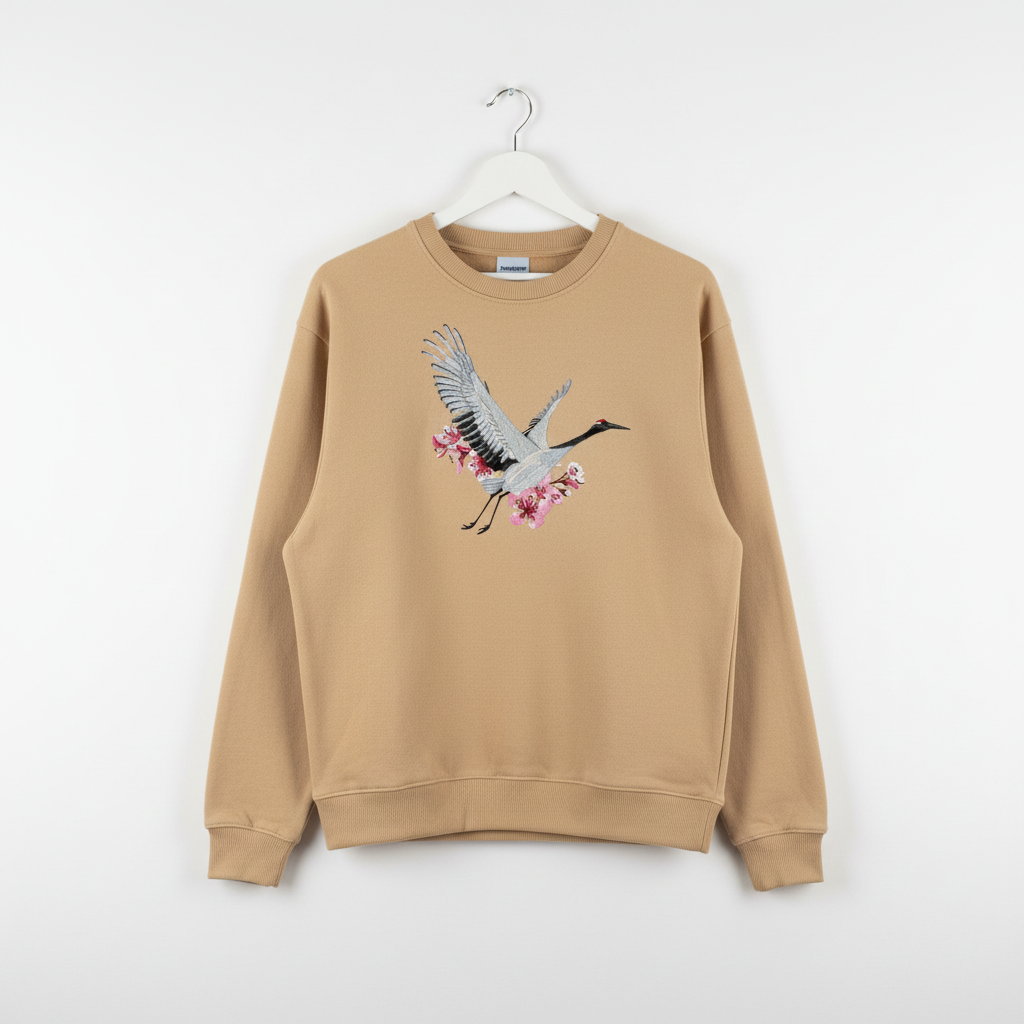 Sakura Crane Machine Embroidered Sweatshirt – Hand Finished in Dubai | EmbroMania